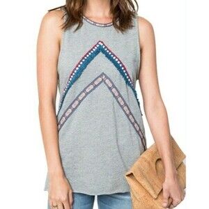 Hayden LA Womens Sleeveless Tank Top Medium Embroidered Gray Boho